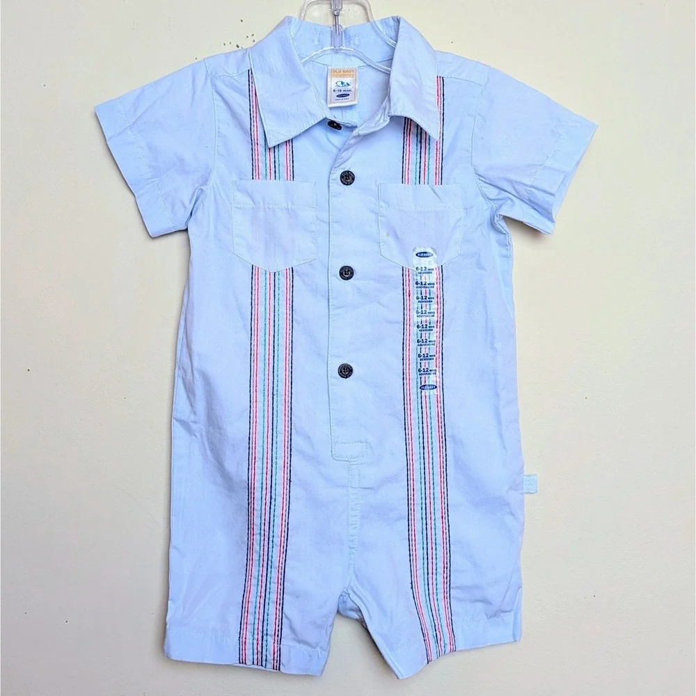 Vintage OLD NAVY Guayabera Stitched Cuban One-Piece Shorty Romper 6-12Months NWT